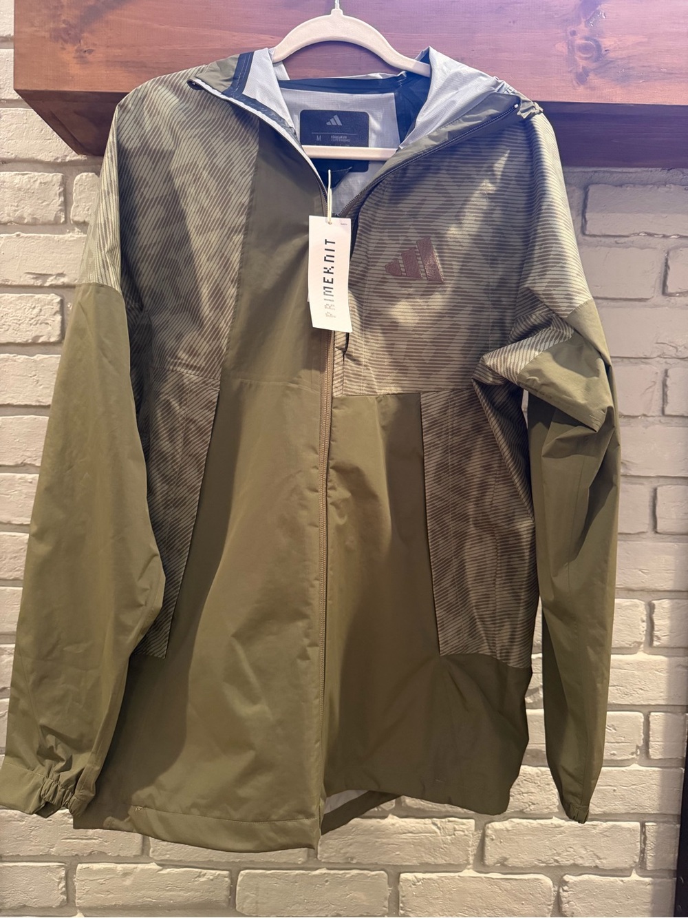 adidas Terrex Waterproof Olive Green Hooded ClimaProof Raincoat w/Subtle Pattern
